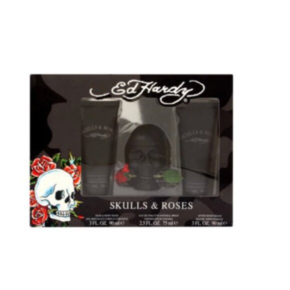 Ed Hardy Skulls & Roses 3‑Pc Gift Set 75 ml EDT + 90 ml Body Lotion + 90 ml Show - Picture 1 of 2